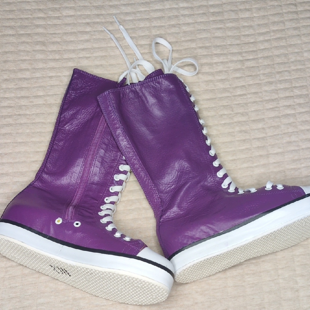Custom Purple Leather Handmade One Of A Kind High Top Lace -Up Sneakers